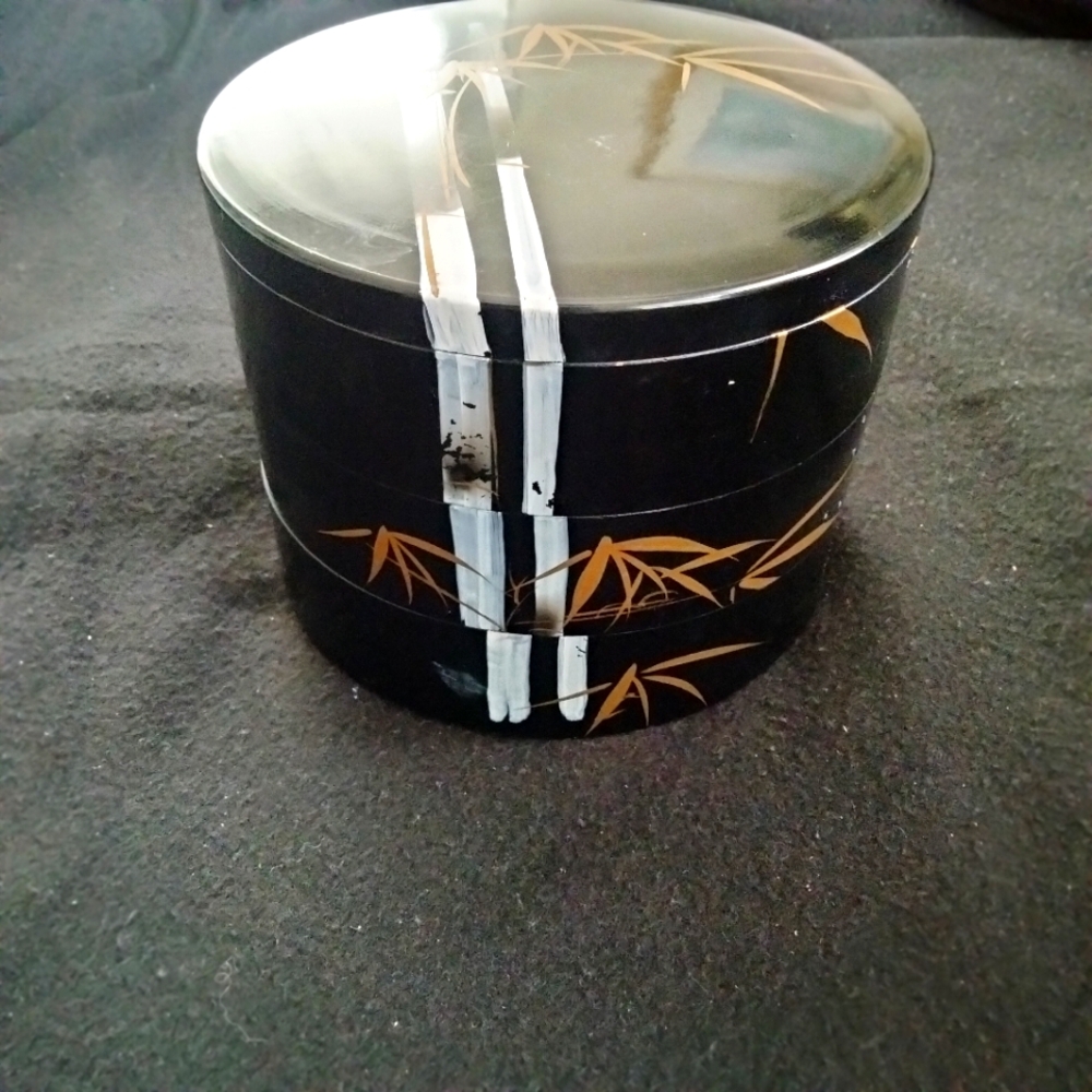 Trinket Jewelry Box Vintage Black Lacquer Acrylic 3 Tier Gold Hand Painted